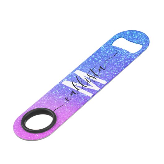 Bright Blue Magenta Sparkly Glitter Ombre Monogram Speed Flessenopener (Voorkant Gekanteld)