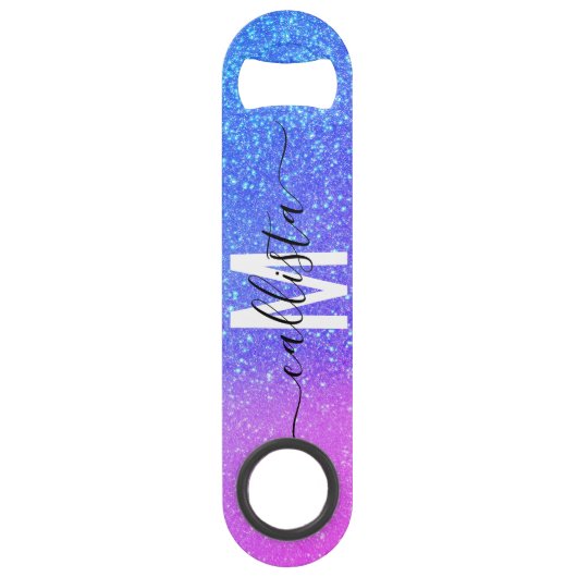 Bright Blue Magenta Sparkly Glitter Ombre Monogram Speed Flessenopener (Voorkant)