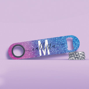 Bright Blue Magenta Sparkly Glitter Ombre Monogram Speed Flessenopener