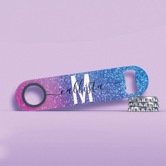 Bright Blue Magenta Sparkly Glitter Ombre Monogram Speed Flessenopener