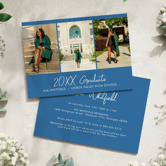 Bright Blue Minimal Photo Collage Afstudeerfeest Kaart