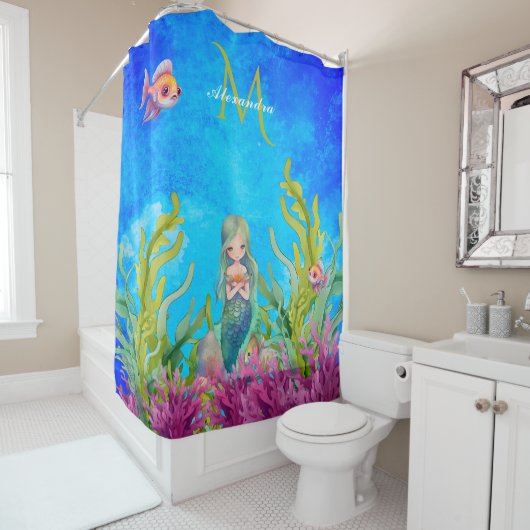 Bright Blue Monogram Naam Zeemeermin Douchegordijn (In situ)