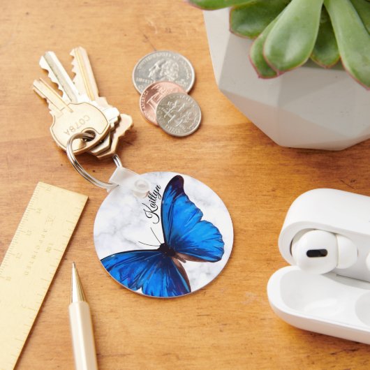 Bright Blue Morpho Butterfly gepersonaliseerd Sleutelhanger (Bureau)