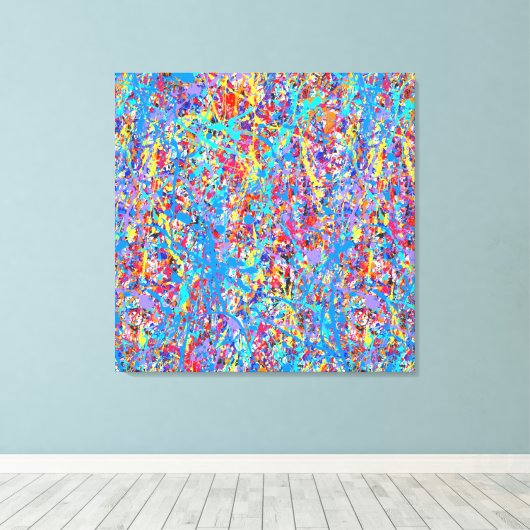 Bright Blue Paint Splatter Abstract Canvas Afdruk (Insitu (Houten vloer))