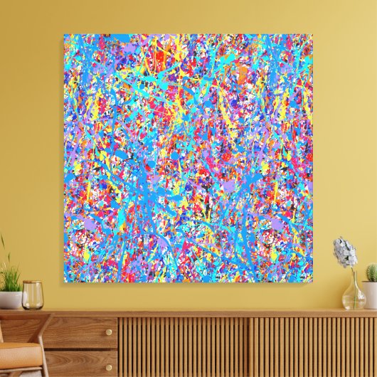 Bright Blue Paint Splatter Abstract Canvas Afdruk (Insitu (Woonkamer))