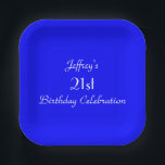 Bright Blue Paper-Borden, 21st Birthday Party Papieren Bordje<br><div class="desc">Een solide heldere blauwe achtergrond versiert dit unieke en leuke bord op feestpapier. Hoewel het gebrek "21st Geboortedag"zegt,  kunt u de tekst voor naam,  # van jaren,  en gebeurtenis gemakkelijk veranderen. Matching tablecloth and paper napkins beschikbaar op zazzle bij SocolikCardShop. Alle rechten voorbehouden © 2015 Alan & Marcia Socolik.</div>