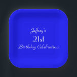 Bright Blue Paper-Borden, 21st Birthday Party Papieren Bordje<br><div class="desc">Een solide heldere blauwe achtergrond versiert dit unieke en leuke bord op feestpapier. Hoewel het gebrek "21st Geboortedag"zegt,  kunt u de tekst voor naam,  # van jaren,  en gebeurtenis gemakkelijk veranderen. Matching tablecloth and paper napkins beschikbaar op zazzle bij SocolikCardShop. Alle rechten voorbehouden © 2015 Alan & Marcia Socolik.</div>