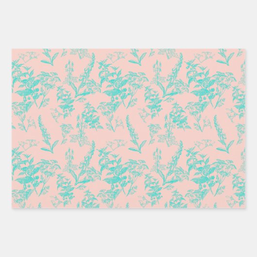 Bright Blue & Peach Wildflower kunst op de onderst Inpakpapier Vel (Voorkant 2)