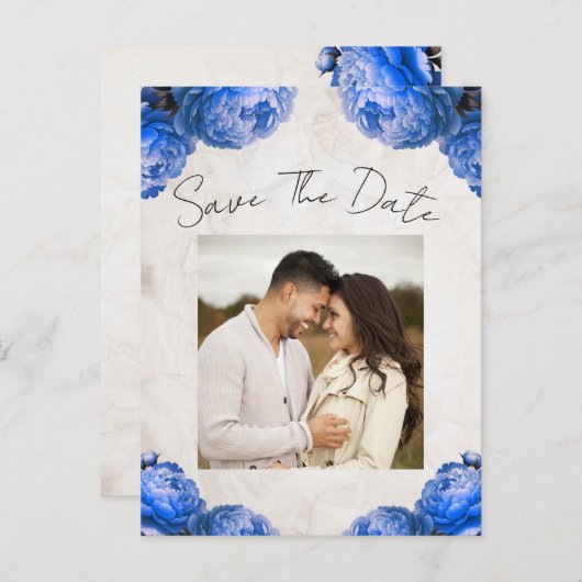 Bright Blue Peony Flowers  Save the Date Aankondigingskaart (Voorkant / Achterkant)
