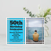 Bright Blue Photo 50th Birthday Party Invitation Kaart (Staand voorkant)
