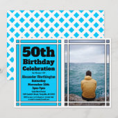 Bright Blue Photo 50th Birthday Party Invitation Kaart (Voorkant / Achterkant)