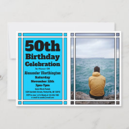 Bright Blue Photo 50th Birthday Party Invitation Kaart