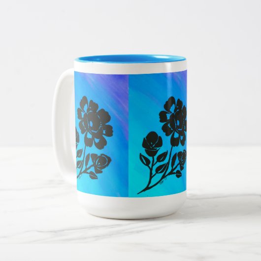 Bright Blue Roos Silhouette Art 15 oz. koffie-Mok Tweekleurige Koffiemok (Voorkant links)