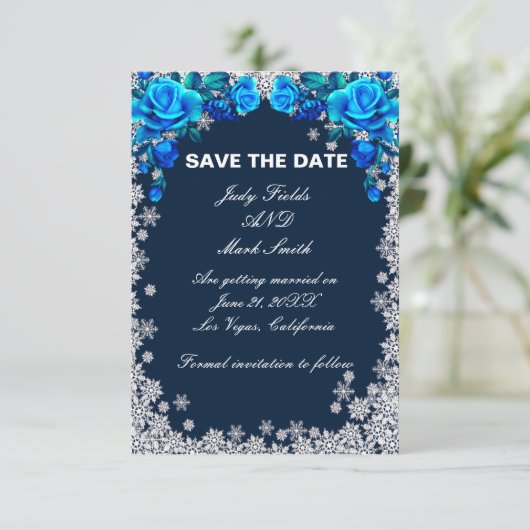Bright Blue Roos Snowflake Christmas Bewaar de dat Save The Date (Staand voorkant)