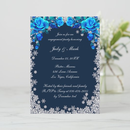 Bright Blue Rozen Snowflake Engagement Party Kaart (Staand voorkant)