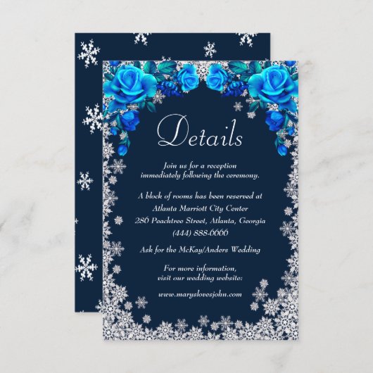 Bright Blue Rozen Snowflake Wedding Details Informatiekaartje (Voorkant / Achterkant)