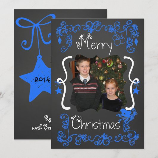 Bright Blue Scrolls Gepersonaliseerd Foto Vakantie Feestdagenkaart (Voorkant / Achterkant)