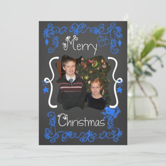 Bright Blue Scrolls Gepersonaliseerd Foto Vakantie Feestdagenkaart (Staand voorkant)