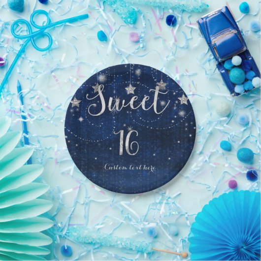 Bright Blue & Silver Starry Sweet 16 Party Papieren Bordje (Feest)
