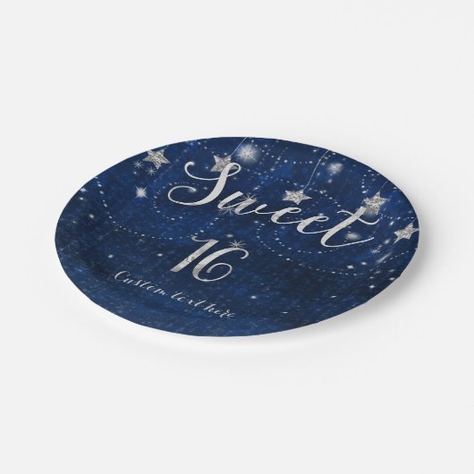Bright Blue & Silver Starry Sweet 16 Party Papieren Bordje (Gekanteld)