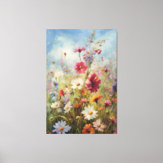 Bright Blue Sky over Wildflower Field olieverfschi Canvas Afdruk