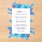 Bright Blue Watercolor Floral Islamic Wedding Acryl Uitnodigingen (Voorkant)