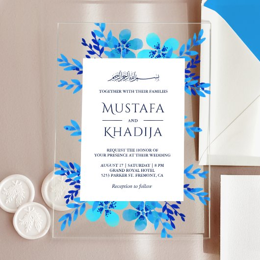 Bright Blue Watercolor Floral Islamic Wedding Acryl Uitnodigingen