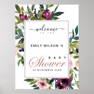 BRIGHT BLUSH BURGUNDY FLORAL BABY SHOWER WELKOM POSTER