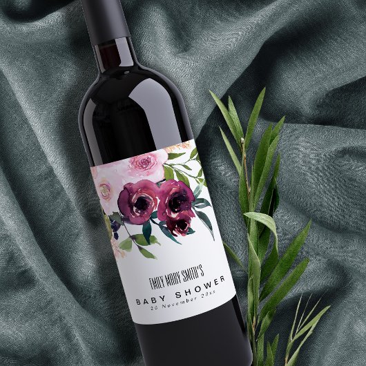 BRIGHT BLUSH BURGUNDY FLORAL BUNCH BABY SHOWER WIJN ETIKET