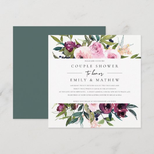 BRIGHT BLUSH BURGUNDY FLORAL BUNCH COUPLE SHOWER KAART (Voorkant / Achterkant)