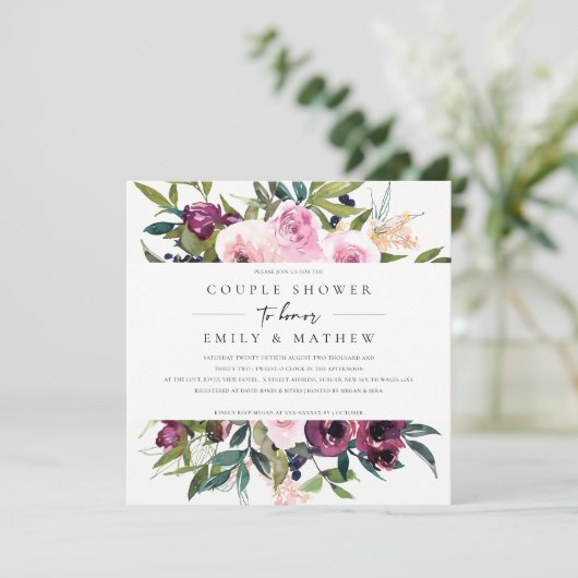 BRIGHT BLUSH BURGUNDY FLORAL BUNCH COUPLE SHOWER KAART (Staand voorkant)