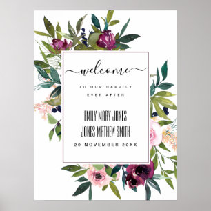 BRIGHT BLUSH BURGUNDY FLORAL BUNCH WEDDING WELCOMM POSTER