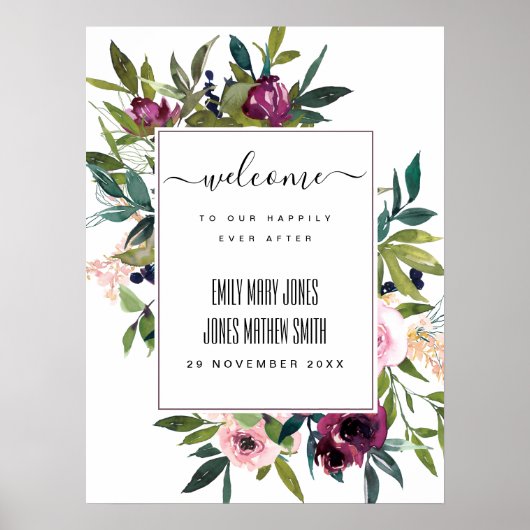 BRIGHT BLUSH BURGUNDY FLORAL BUNCH WEDDING WELCOMM POSTER (Voorkant)