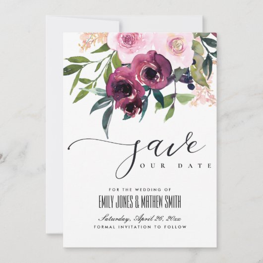 BRIGHT BLUSH BURGUNDY FLORAL BUNCH WEDING SAVE THE DATE (Voorkant)
