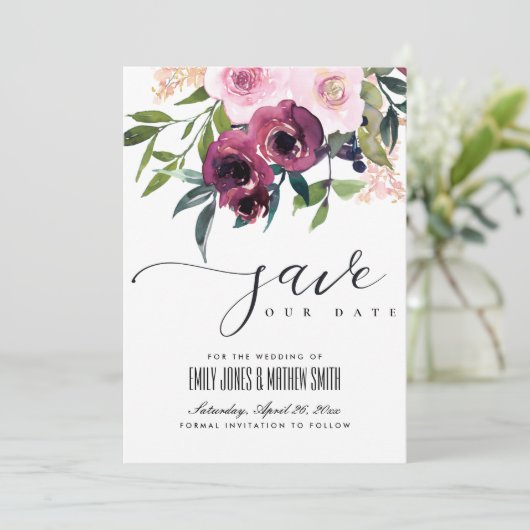 BRIGHT BLUSH BURGUNDY FLORAL BUNCH WEDING SAVE THE DATE (Staand voorkant)