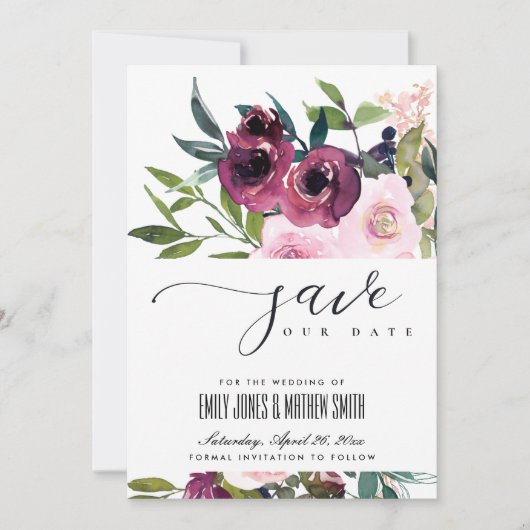 BRIGHT BLUSH BURGUNDY FLORAL BUNCH WEDING SAVE THE DATE (Voorkant)
