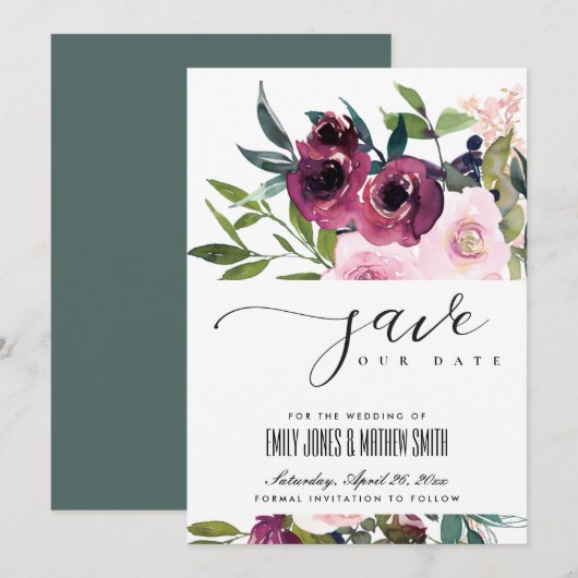 BRIGHT BLUSH BURGUNDY FLORAL BUNCH WEDING SAVE THE DATE (Voorkant / Achterkant)