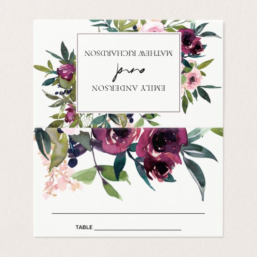 BRIGHT BLUSH BURGUNDY FLORAL WEDDING PLACE CARDS KAART (Buitenkant ongevouwen)