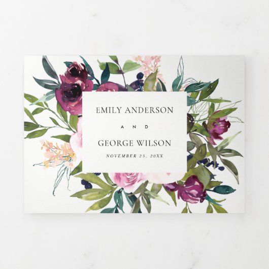 BRIGHT BLUSH BURGUNDY GREEN FLORAL BUNCH WEDING DRIELUIK UITNODIGING (Cover)