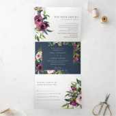 BRIGHT BLUSH BURGUNDY GREEN FLORAL BUNCH WEDING DRIELUIK UITNODIGING (Binnen)