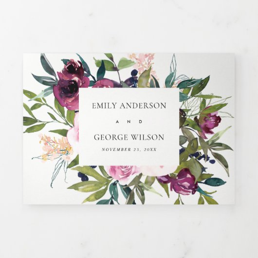 BRIGHT BLUSH BURGUNDY GREEN FLORAL BUNCH WEDING DRIELUIK UITNODIGING (Cover)