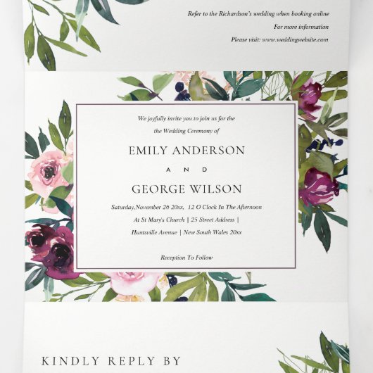 BRIGHT BLUSH BURGUNDY GREEN FLORAL BUNCH WEDING DRIELUIK UITNODIGING (Binnenkant midden)