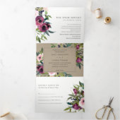 BRIGHT BLUSH BURGUNDY KRAFT FLORAL BUNCH WEDING DRIELUIK UITNODIGING (Binnen)