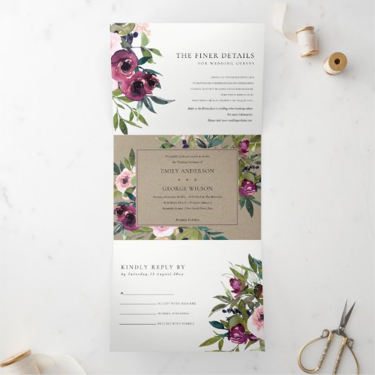 BRIGHT BLUSH BURGUNDY KRAFT FLORAL BUNCH WEDING DRIELUIK UITNODIGING (Binnen)
