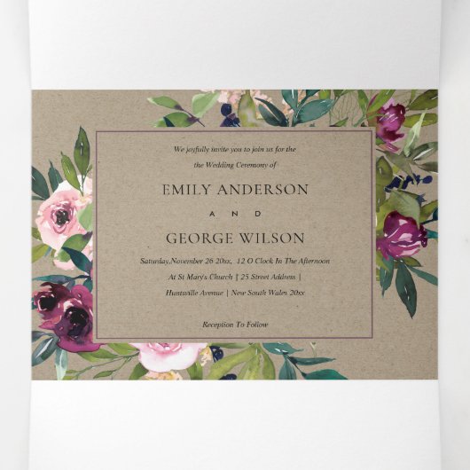 BRIGHT BLUSH BURGUNDY KRAFT FLORAL BUNCH WEDING DRIELUIK UITNODIGING (Binnenkant midden)