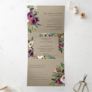 BRIGHT BLUSH BURGUNDY KRAFT FLORAL BUNCH WEDING DRIELUIK UITNODIGING