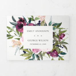BRIGHT BLUSH BURGUNDY KRAFT FLORAL BUNCH WEDING DRIELUIK UITNODIGING