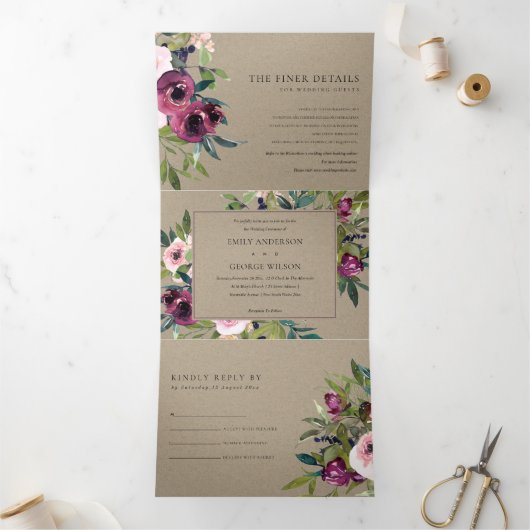 BRIGHT BLUSH BURGUNDY KRAFT FLORAL BUNCH WEDING DRIELUIK UITNODIGING (Binnen)