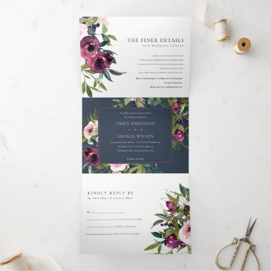 BRIGHT BLUSH BURGUNDY NAVY FLORAL BUNCH WEDING DRIELUIK UITNODIGING (Binnen)