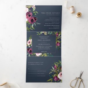 BRIGHT BLUSH BURGUNDY NAVY FLORAL BUNCH WEDING DRIELUIK UITNODIGING